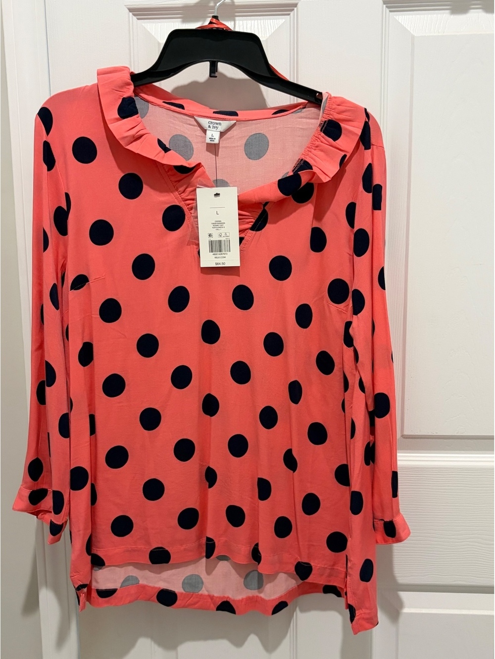 Crown & Ivy NWT Coral & black polka dot long sleeve top -L